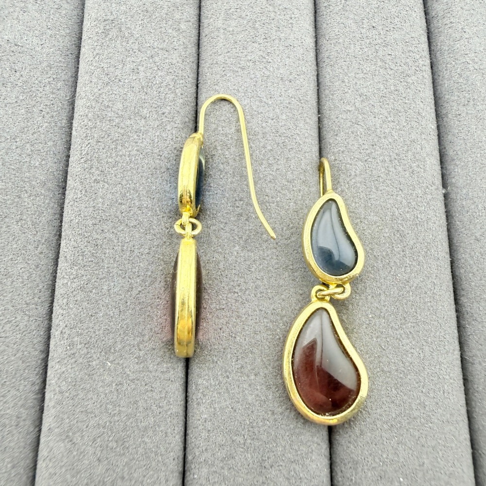 Teardrop Dangle Earrings Glass Cabochon Tiered Gold Tone Drop Pierced